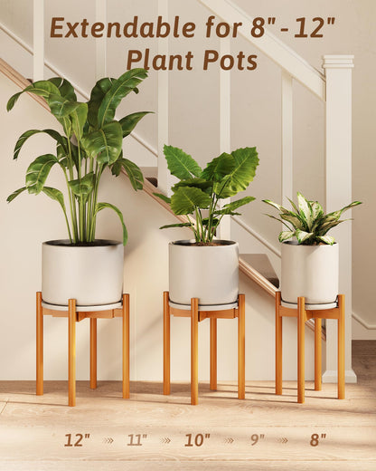 GENTINGBRO Adjustable Plant Stand Indoor, Bamboo Plant Stand Fits 8 9 10 11 12 Inches, Small Corner Planter Holder for Indoor Plants, Single Floor Plant Stands for Living Room Balcony, Light Brown Tall