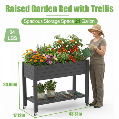 EFU Raised Garden Beds Outdoor, with Wheels for Mobility, Extra Storage Shelf, Water Level Monitoring, 21 Gallon Planter Raised Beds for Vegetables, Herbs, Fruits, Backyard, Patio, Balcony (Black)