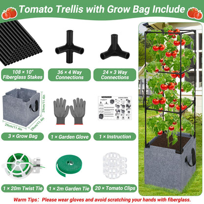 Qinzave 3 Pack Square Tomato Cages with Grow Bags, 42.5 Inch Stable Square Tomato Planter Support Stakes Kit for Garden, Tomato Cages Trellis Pots for Spring Climbing Vegetables Fruits Vines Flowers