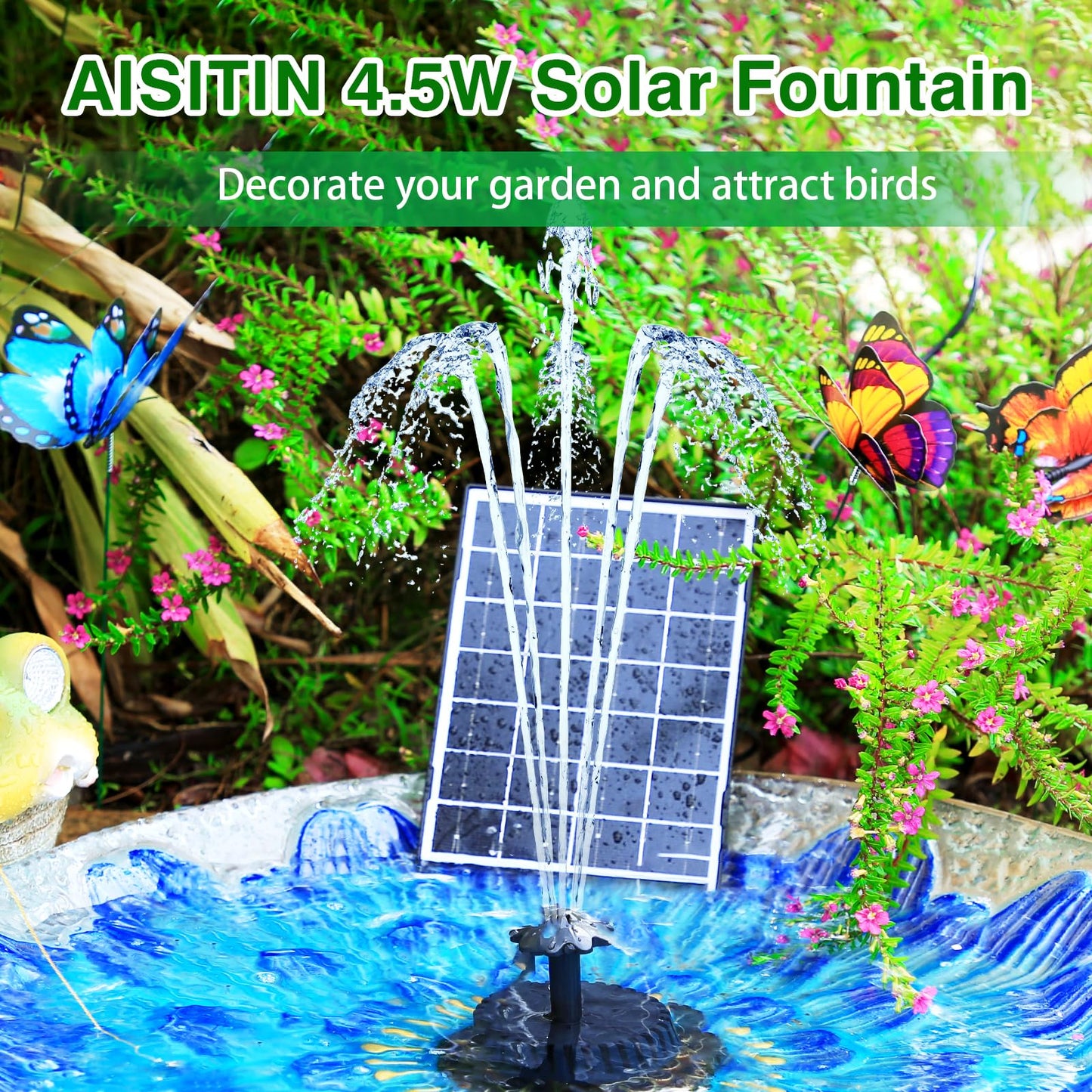 AISITIN 4.5W Solar Water Fountain, Upgraded DIY Solar Water Pump Fountain Kit with Cable Nozzles for Garden, Pond, Pool and Fish Tank