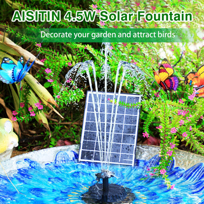 AISITIN 4.5W Solar Water Fountain, Upgraded DIY Solar Water Pump Fountain Kit with Cable Nozzles for Garden, Pond, Pool and Fish Tank