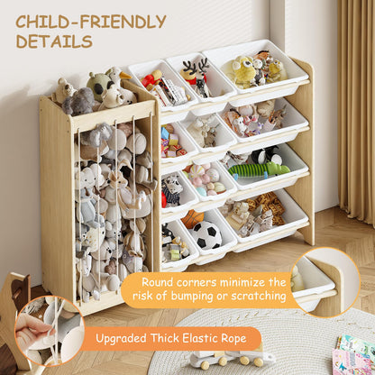 EXPERLAM Kids Toy Storage Organizer, 2-in-1 Stuffed Animal Storage & Toy Organizer w/12 Bins, Solid Wood Toy Rack Featuring Thicker Elastic Ropes to Hold Toys, Playroom Nursery Bedroom Storage, White