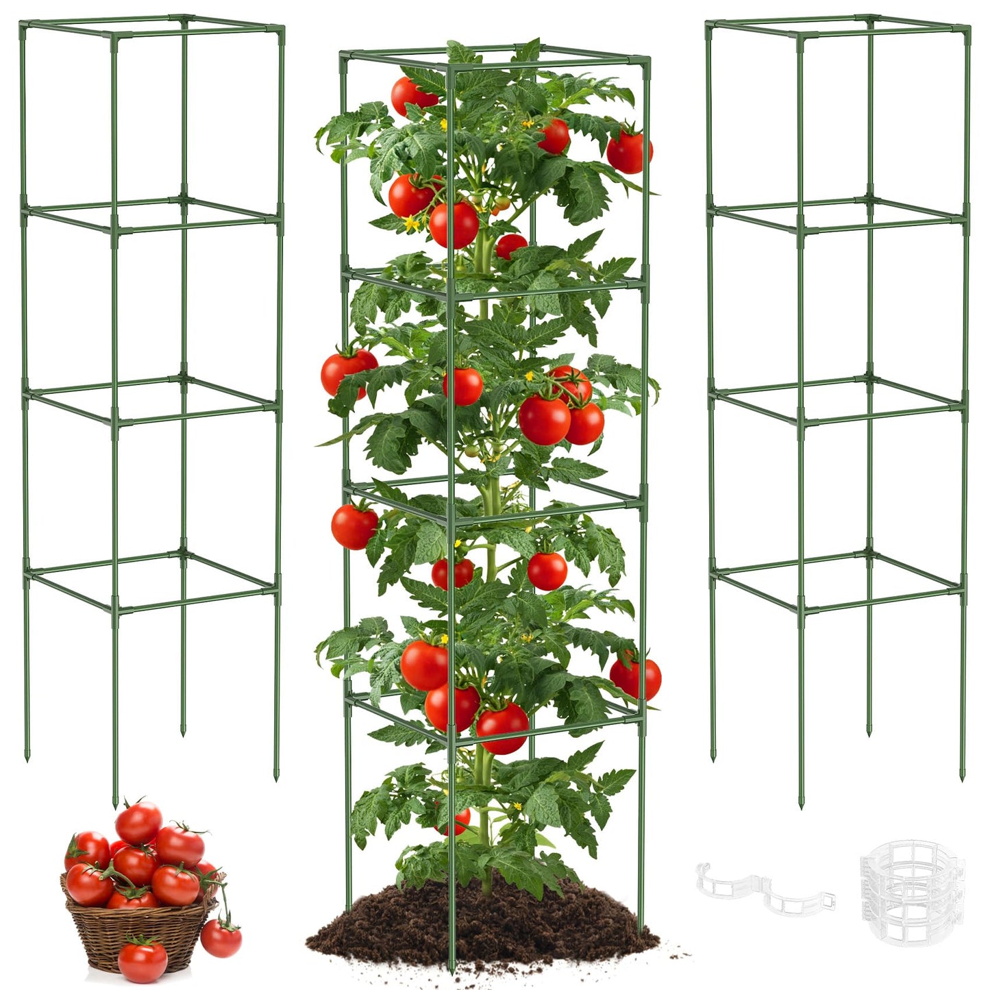 Unves 3 Pack Tomato Cage for Garden, 16" W x 66" H Square Tomato Trellis Plant Support Frame with 50 Pcs Plant Clips, Suitable for Climbing Vegetables, Flowers, and Fruits