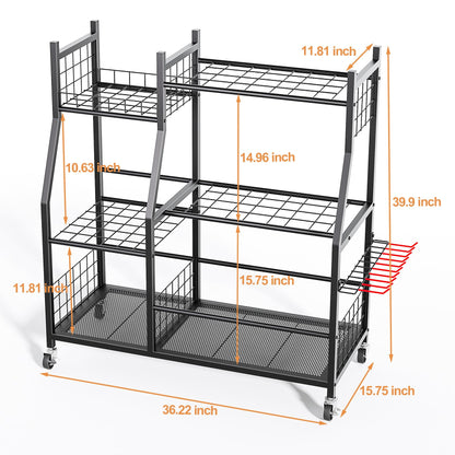 Garden Tool Organizer with Wheels for Garage, Freestanding Garage Tool Organizer, Yard Tool Holder, Garden Tool Cart for Long Handled Tools,Rakes, Brooms, Yard Storage Rack for Shed, Indoor, Outdoor