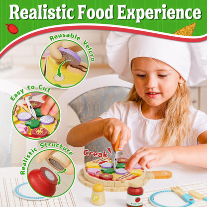 Lehoo Castle Wooden Play Food Sets for Kids Kitchen - Pizza Toy with Pot & Pan, Play Kitchen Accessories, Pretend Cutting Food, Play Dishes & Felt Pasta, Toddler Toys 3-5 Years, Gift for Boys Girls