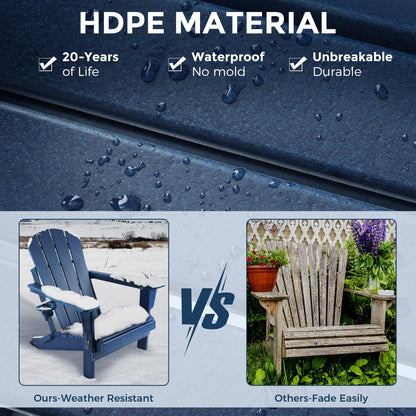 Magpie Fabrics Foldable Adirondack Chair with Cup Holder, HDPE Weather Resistant Oversize Outdoor Chair, Widely Used in Patio, Fire Pit, Deck, Porch, Garden, Campfire (Navy Blue)