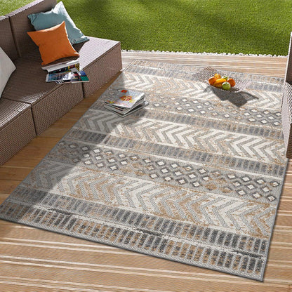 Rugshop Distressed Geometric Indoor/Outdoor Beige Area Rug Modern Tribal Stripe, Durable Stain Resistant Perfect for Patio, Backyard, Deck and Outdoor Lounge 10' x 14'