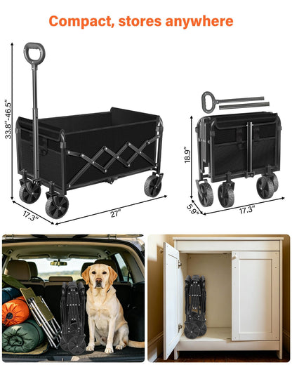 Folding Wagon Cart with All-Terrain Wheels – Heavy Duty Collapsible Utility Wagon for Grocery, Sports, Garden, Camping, Shopping (Black 360LBS)