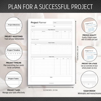 Project Planner Notepad - Project Management Organizer Desk Pad - Manage Project Tasks and Meeting Deadlines Effectively - 50 Sheets of Premium 120gsm Paper | Management | A4 Mono