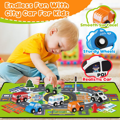 Toddler Car Toys, Toy Cars for Toddlers, Wooden Cars Toys for Toddler Boy, 22 PCS Cars and Trucks Toy Vehicles Set with Playmat, Storage Box, Wood Montessori Toys for Baby Birthday Gift