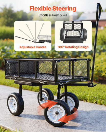 VEVOR 500 LBS Steel Garden Cart with Work Seat, Heavy Duty Garden Wagon Cart on Wheels, Outdoor Metal Utility Yard Wagon Gardening Stool with 10inch Flat Free Tires, Tool Tray & Adjustable Handle