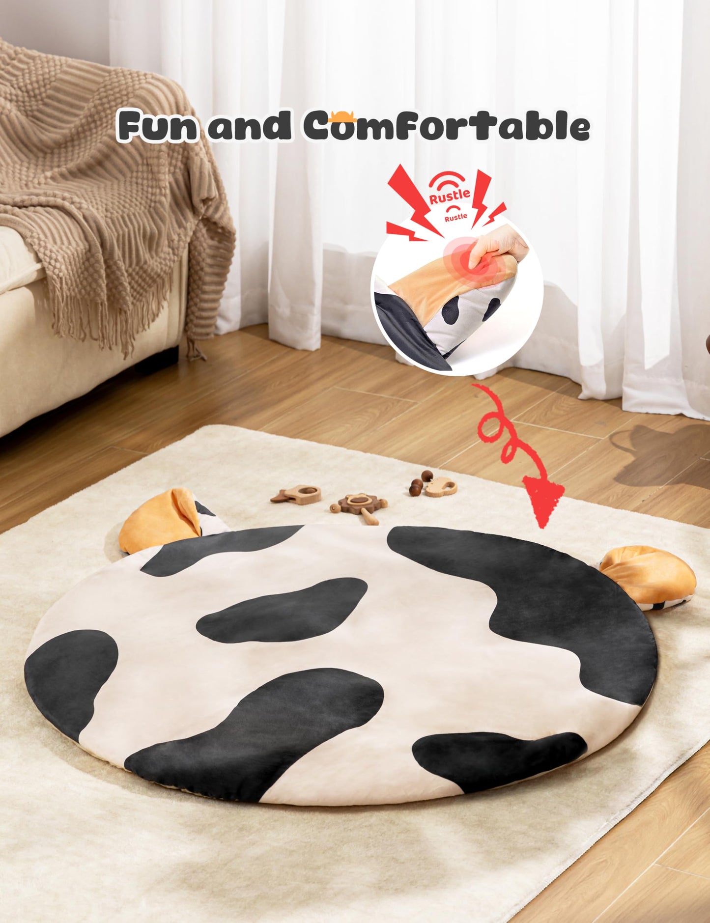2PM SPORTS Cow Theme Baby Play Mat, Tummy Time Mat for Infant Newborn, Baby Play Gyms & Playmats for 0-3 3-6 6-12 Months, Activity Mat 5 Detachable Toys, Non Slip Gym Mat Easy to Install & Clean