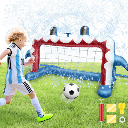 Intoypad Water Sprinkler Soccer Toys, Inflatable Shark Soccer Goal Sprinkler with a Soccer Ball Backyard Outdoor Summer Toys for Boys Girls Outside Yard Water Football Game Toys for Kids Ages 3-8