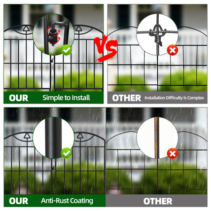 BOWDIMS,10 Panels Outdoor Decorative Garden Fence, 10.5 （ft） L x 24 (in) H, Black Rustproof Metal Wire Panel Barrier Fence, Animal Barrier Fence, for Landscaping and Yard Decoration