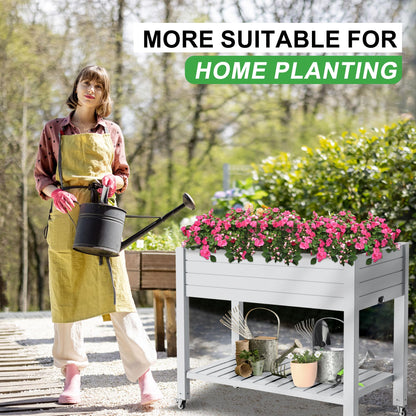 PatioZen Raised Garden Bed with Legs, 33.66" Tall Self-Watering Resin Planter Box with Lockable Wheels Drainage Plug and Gauge for Vegetables, Flowers, Storage Shelf for Tools and Accessories (Ashen)