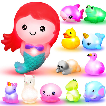 JOYIN 12 PCS Light Up Bath Toys, Toddler Flashing Colourful LED Bathtub Mermaid Toy, Baby Bathtime Floating Rubber Shower Gifts for Infant Kids Girls Valentines Easter Basket Stuffers Pool Party Favor