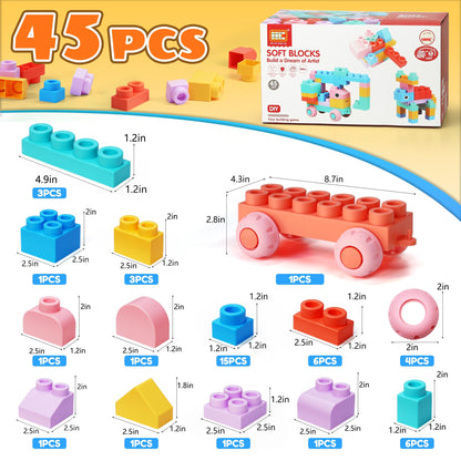 ZZXYPX 45pcs Soft Building Blocks for Toddlers - BPA-Free STEM Educational Toys Ages 18+ Months, Safe Preschool Learning Blocks for Creativity and Motor Skills Development
