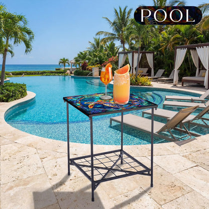 Cinnvoice Outdoor Side Table 2-Tier Storage Square Small Mosaic Patio Accent Indoor End Plant Coffee Tea Table for Yard Patio Porch Garden Living Room, Bedroom(Turtle Style)