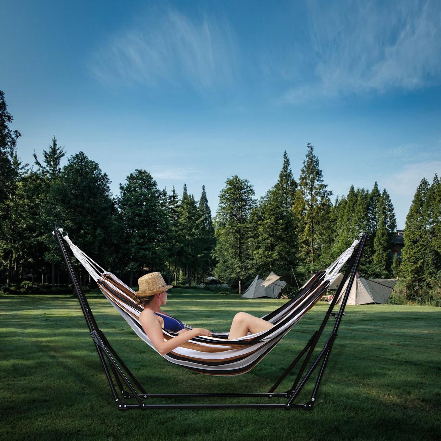 LIEVIM Portable Hammock with Stand for Outside Foldable,Frabic Tension Adjustable Indoor,Carrying Bag Included, 616 lbs Weight Capacity, Suitable Garden Yard Outdoor Inhouse Multicolour