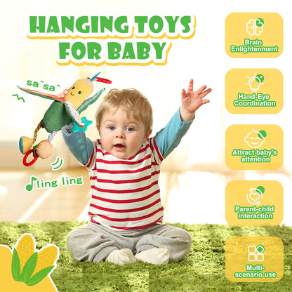 PHEZAPA Hanging Rattles Crib & Car Seat Toys for Babies 0-12 Months with Crinkle, Squeaky & Teether, Sensory Corn Soft Stuff Stroller Toys for Newborns, Boys Girls Gifts