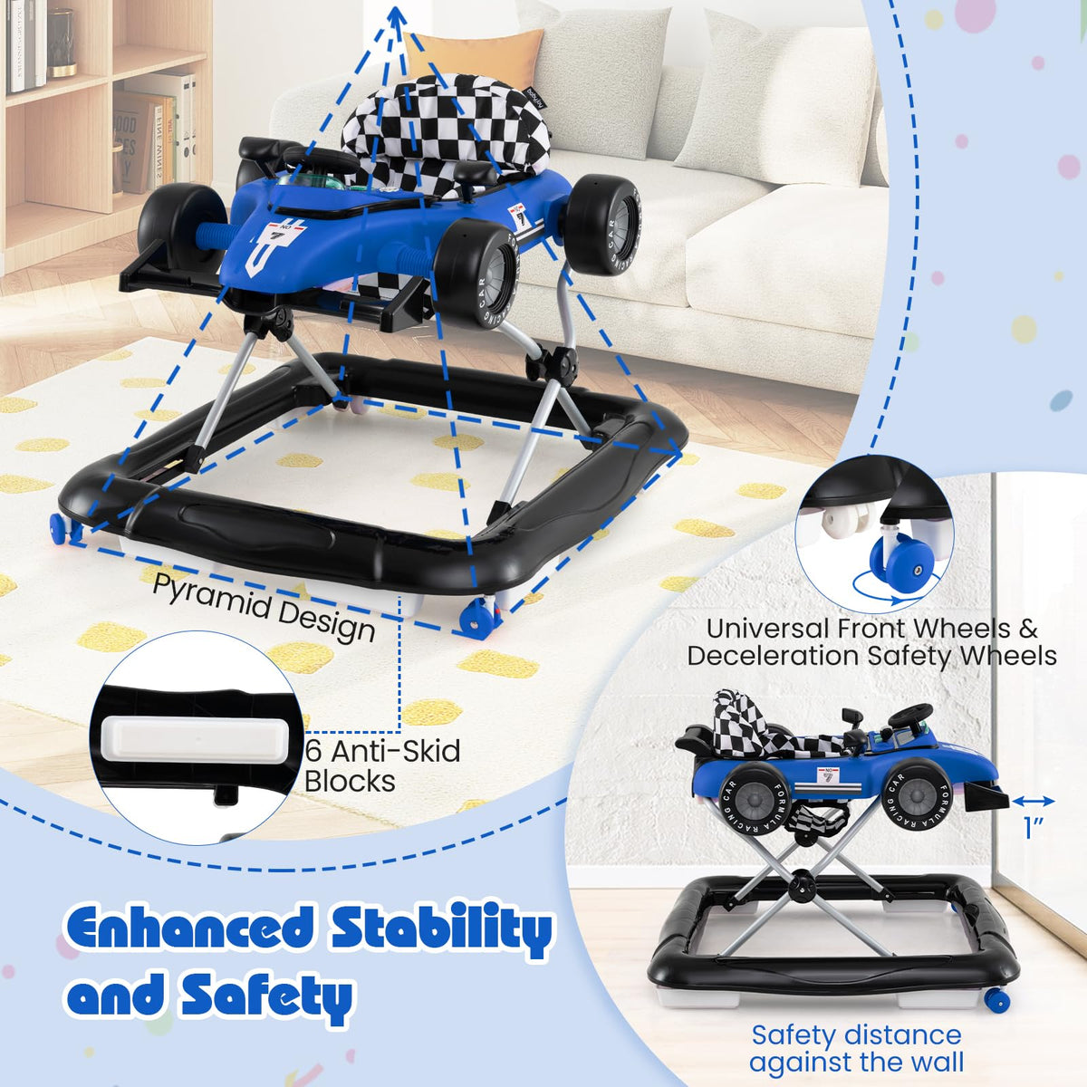HONEY JOY Baby Walker, 4-in-1 Foldable Infant Activity Push Walker, Toddler Car Walker with Adjustable Heights, Music, Lights, Padded Seat, Baby Walker with Wheels for Boys Girls 6-18 Months (Blue)