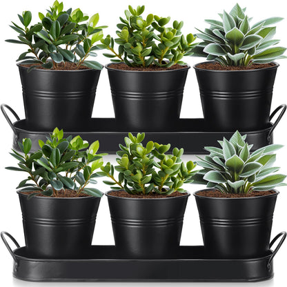 Hicarer 2 Sets Herb Planter with Tray Metal Herb Garden Planter with Drainage Farmhouse Windowsill Pots for Indoor Plants Flower Succulent Outdoor Kitchen Apartment Balcony Window (Black)