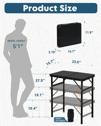 LOFTEY Small Folding Camping Table, 2ft Aluminum Portable Folding Table, 3 Adjustable Heights | Portable Handle | Lightweight for Travel & Outdoor, 23.6" x 15.7" x 27.5"H, Black