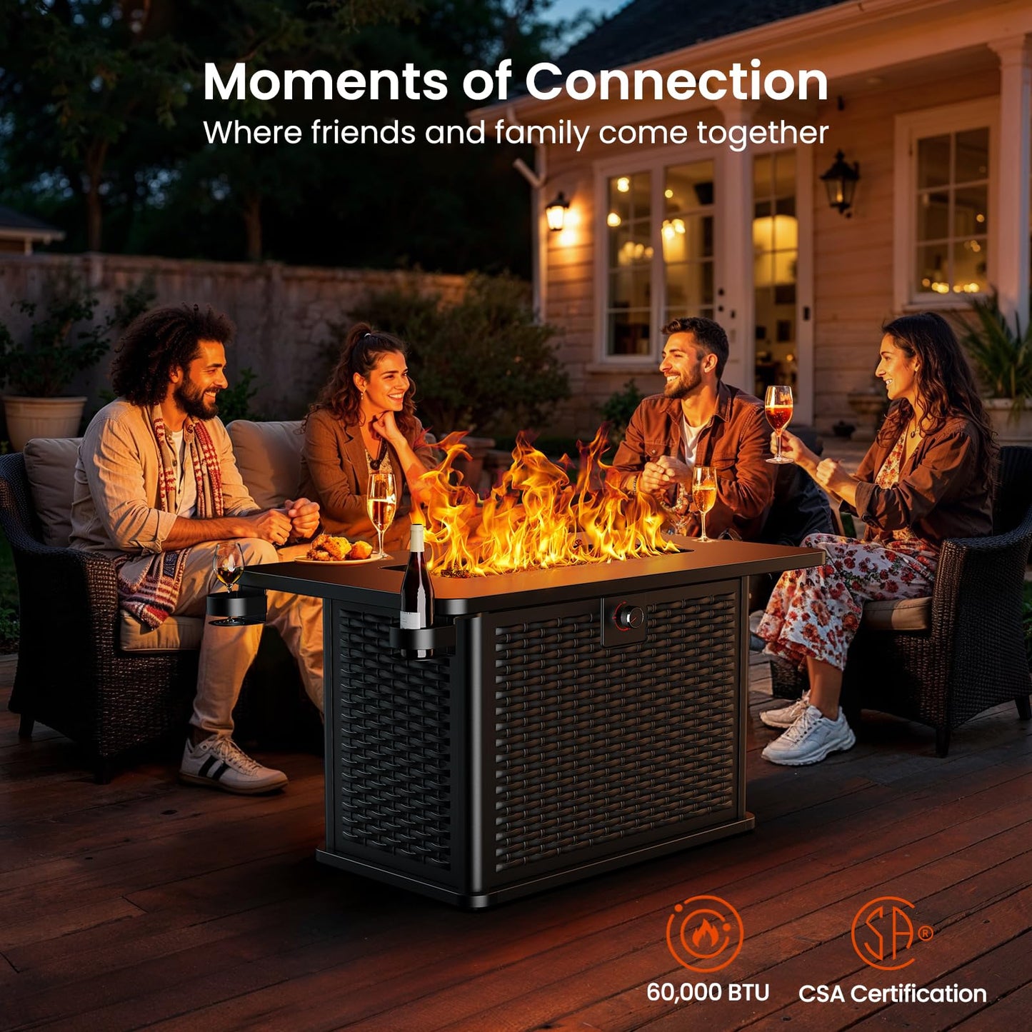 AMADA HOMEFURNISHING 43 Inch Propane Fire Pit Table, 60,000 BTU Gas Fire Pit with Lava Rocks, Waterproof Cover, Removable Lid, Cup Holders, 2-in-1 Fire Table for Patio, Backyard, Garden, Black