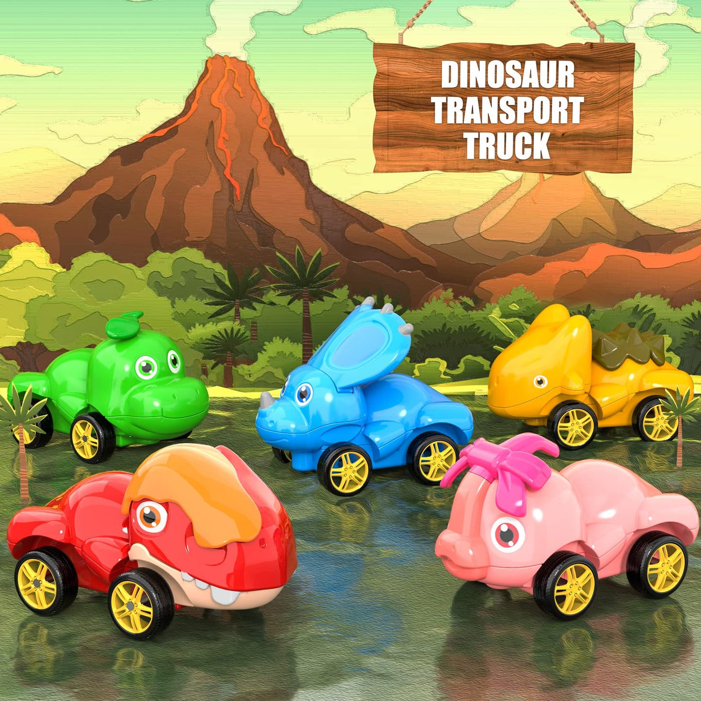 Doloowee Dinosaur Truck Toys for Kids 3-5 Years, Cars Toys for Toddler, 6 in 1 Jurassic Dinosaurs Trucks Toys, Semi Truck Toy Car for Boys and Girls Age3+