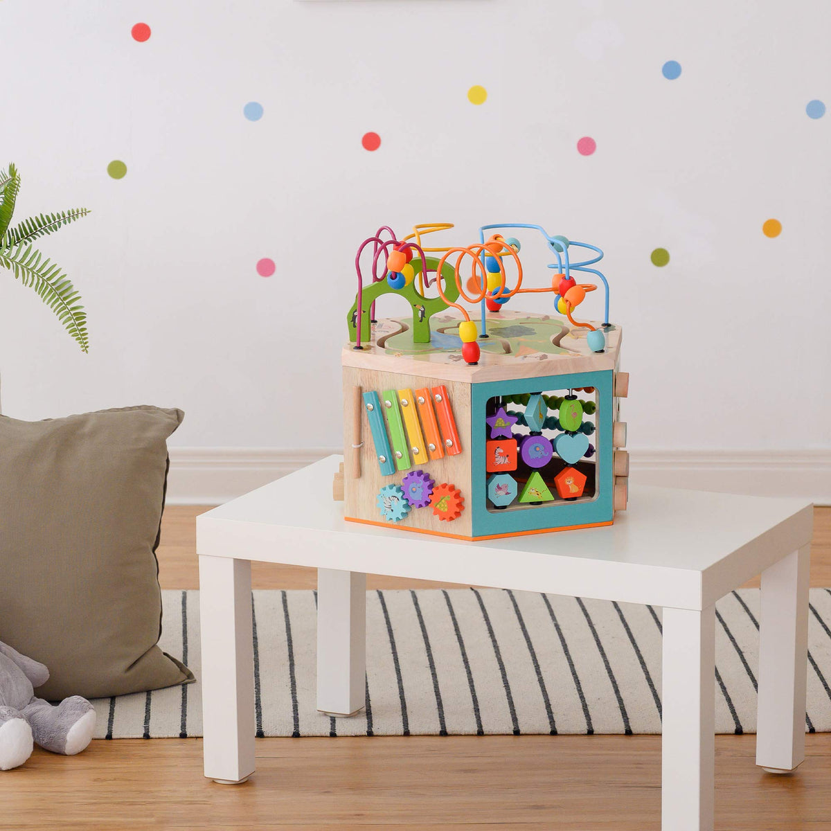 Teamson Kids Preschool Play Lab 7-in-1 Large Wooden Activity Cube Station Center Bead Maze and Counting for Kids Baby Toys, Natural