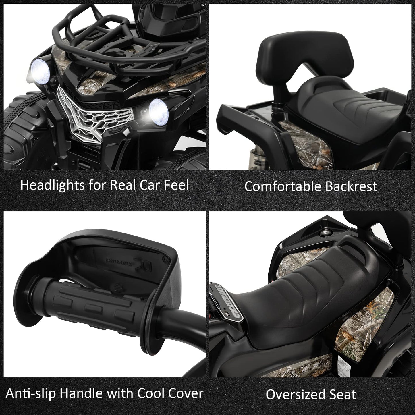 Costzon Kids ATV, 12V Four Wheeler Quad Electric Vehicle w/Forward/Backward Function, 2 Speeds, Music, Headlights, Storage Basket & Backrest, Toddler 4 Wheeler Toy Car for Boys Girls 3+ (Black)