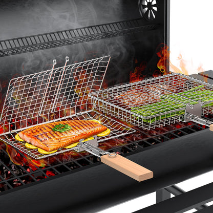 ivtivfu Fish Grill Basket Set, Removable Wooden Handle, 304 Stainless Steel, Nesting BBQ Tools, Smoker Grilling Accessories for Vegetable, Outdoor Cooking Camping, Birthday Gifts for Men Dad Husband