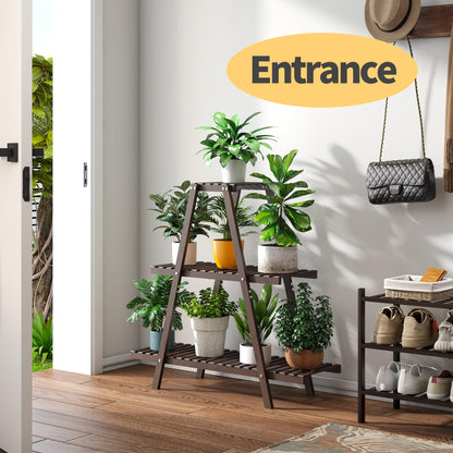 Furshus Plant Stand Indoor, Outdoor bamboo Plant Rack for Multiple Plants, 3 Tier 8 Potted Flower Holder Ladder,Plant Shelf Ladder Table Plant Pot Stand for Living Room, Patio, Balcony (Brown)