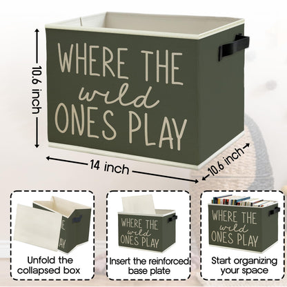 WULQYING Olive Green Boho Classroom Storage Bins Box with Handles, Where the Wild Ones Play Collapsible Basket Organizer for Kids Playroom Nursery Bedroom Bathroom Toys Books Clothes