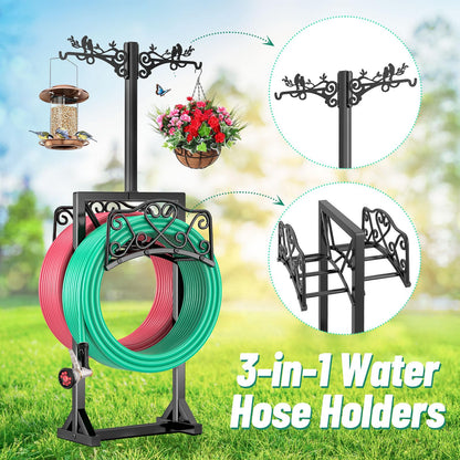 ODSNANIE Garden Hose Holder for Outside,Water Hose Holders with 2 Bird Statue Shepherds Hooks & 5 Spikes,Double-Sided Freestanding Hose Stand Heavy Duty Hose Storage Rack for Outdoor Yard Lawn Farm