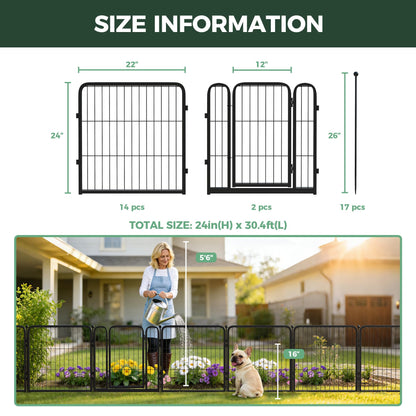 FXW Garden Fence Outdoor for the Yard – 24in(H) x 30.4ft(L) Heavy Duty Metal Animal Barrier for Dog, No Dig Decorative Dog Fence, 16 Panels, Black