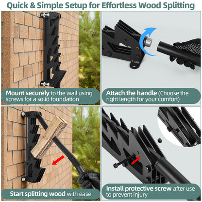 XCZNAGS Wall Mounted Wood Splitter: Dual-Handle Manual Kindling Splitter with 6-Tooth Clamping, Heavy Duty Steel Log Splitter for Soft Firewood, Includes Gloves and Screws for Indoor and Outdoor Use