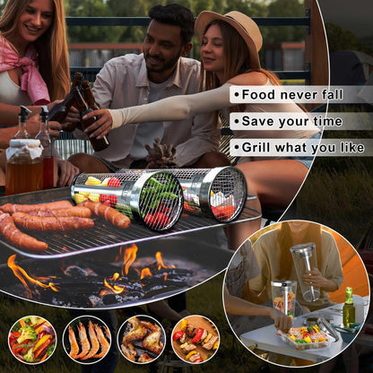 [Upgraded] Grill Basket 2 Pcs (Size XXL), Dishwasher Safe Rolling Grilling Baskets for Outdoor Grilling, Stainless Steel BBQ Grill Basket for Veggies, Grill Nets Cylinder, Gifts for Men/Dad