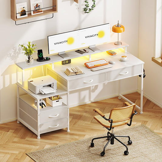 MUTUN 53" Computer Desk with 4 Drawers & Power Outlets, Reversible Home Office Desk with Monitor Stand & Printer Stand, Gaming Desk with Led Lights, Study Writing Work Desk Table for Bedroom (White)