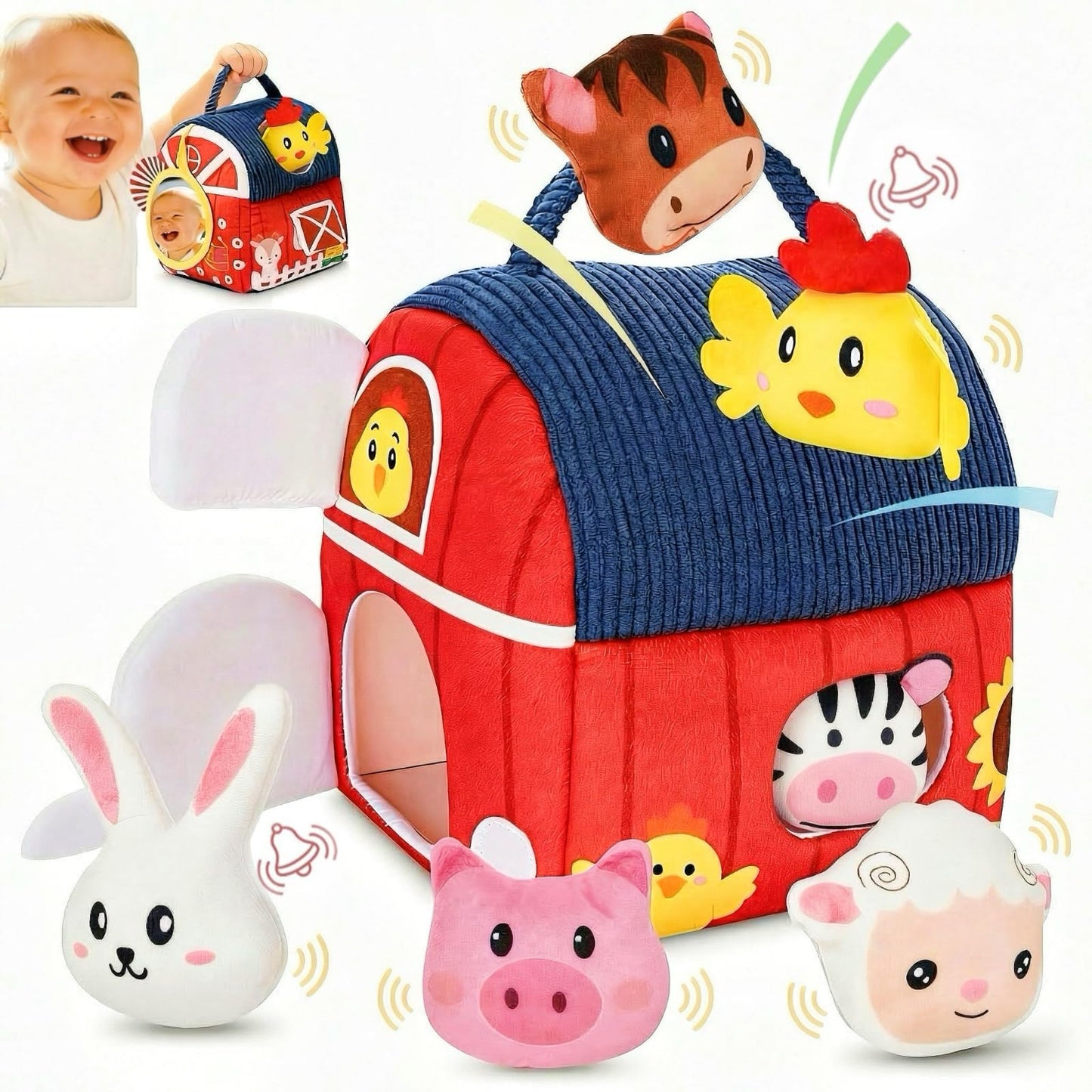 Baby Soft Toys 6-12 Months - Surprise Barn Stuffed Farm Animals House for Toddlers 1-3, Montessori Sensory Plush Toys for Infants, Rattle, Crinkle, Baby Learning Plush Toys for Babies Tummy Time