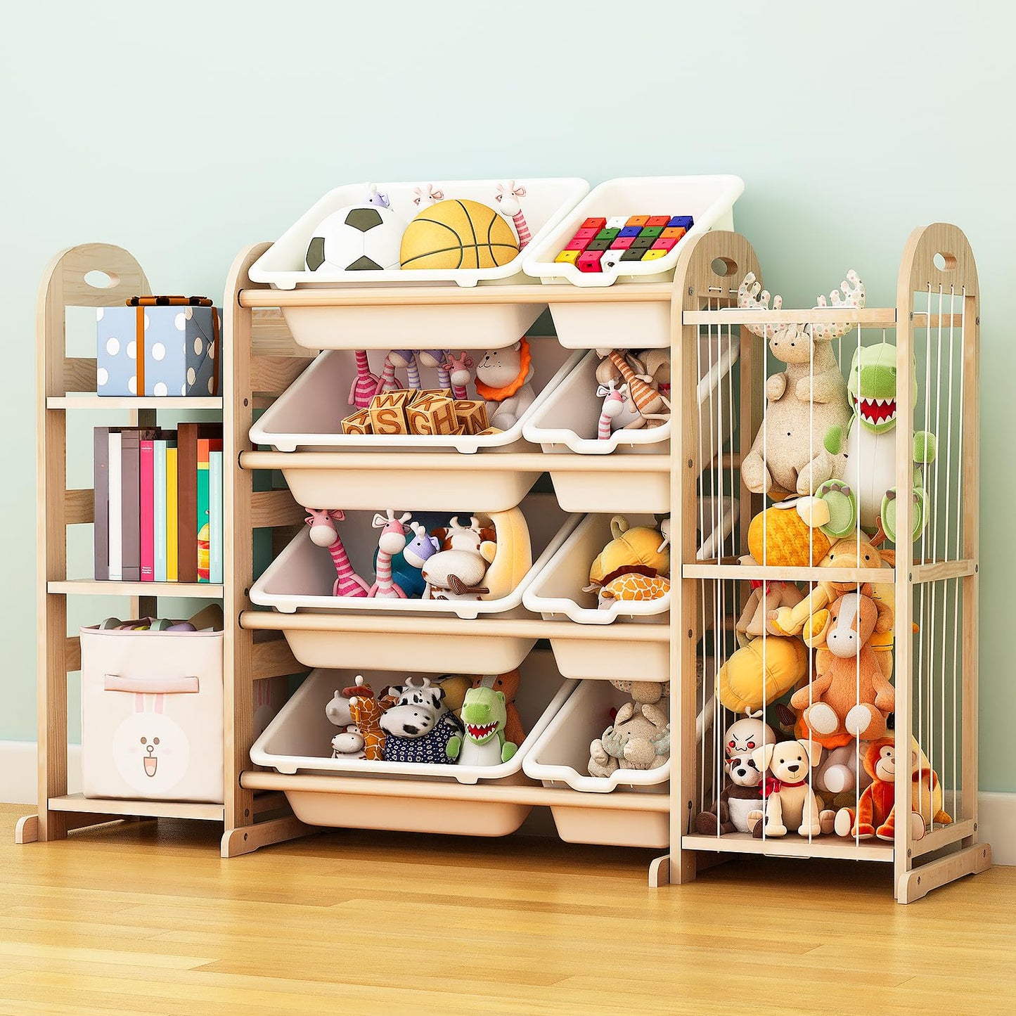 Wooden Toy Storage Organizer, Toy Organizers & Storage with Stuffed Animal Storage, Toy Storage Shelf with 3 Shelves, 8 Storage Bins, Kids Bookshelf, Toy Holder for Toddler Rooms, Playrooms, Bedrooms