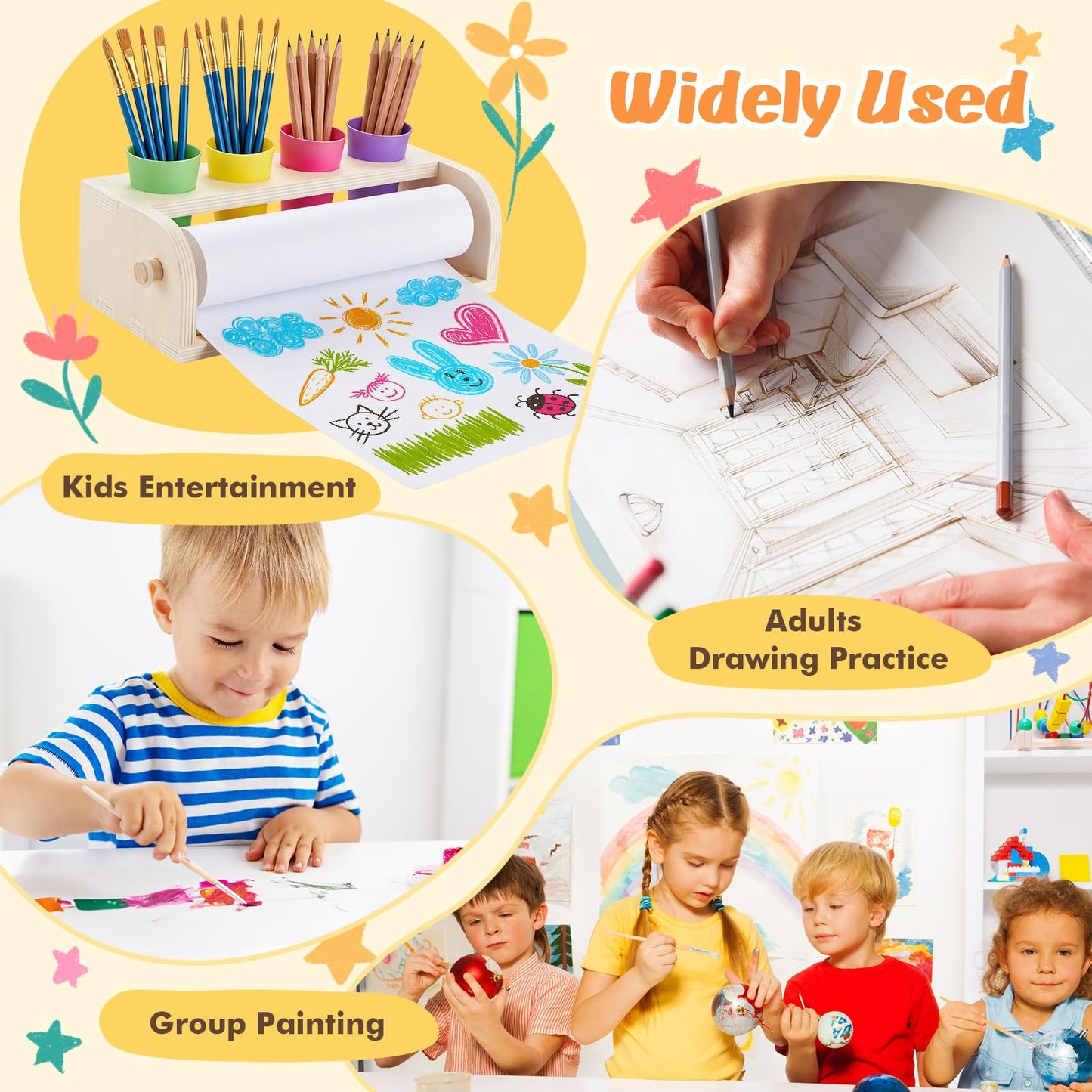 YOKUGO Kids Art Easel with Paper Roll, Desktop Painting Easel Wooden Tabletop Paper Roll Dispenser with Blue Silicone Painting Mat & Puzzle, Table Top Art Kit for Kids & Toddlers