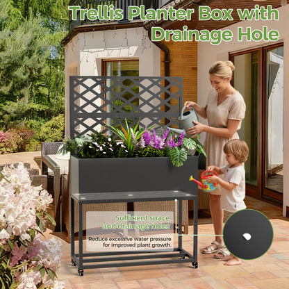 Metal Planter Box with Trellis, 3 in 1 Raised Garden Bed with Trelli & Firewood Rack, Privacy Planter Screen for Climbing Plants, Vine, Outdoor Garden Standing Beds with Drainage Holes, Wheels,Black