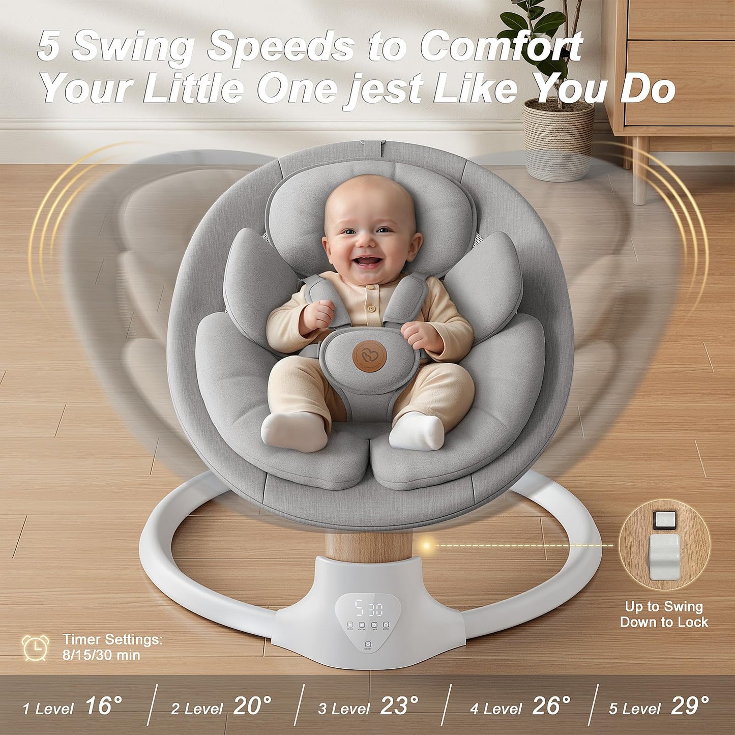 Baby Swings for Infants, FasonBaby Electric Baby Swing with Music Speaker, 5 Speeds, Remote Control and Bluetooth - Portable Infant Swing for Indoor and Outdoor (Gray)