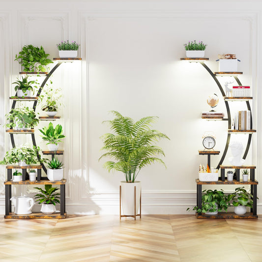 AnoYishev Plant Stand Indoor with Grow Lights, 2 Pack 63" Tall 9 Tiered Metal Plant Shelf, Large Plant Rack Display Shelves, Curved Plant Holder for Living Room, Patio