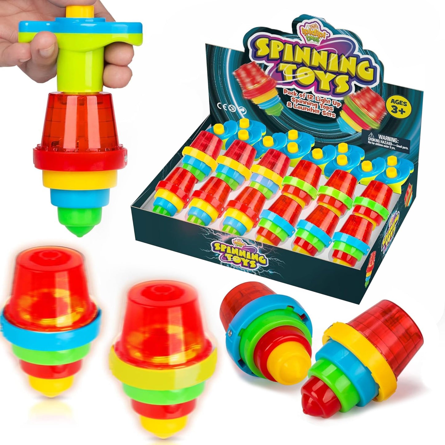 IPIDIPI TOYS Spineez Light Up Spinning Tops – 12-Pack LED Spinner Toys - Spinning Tops for Kids - Birthday Party Favors, Goodie Bag Stuffers for Kids, Classroom Prizes for Boys & Girls – Red
