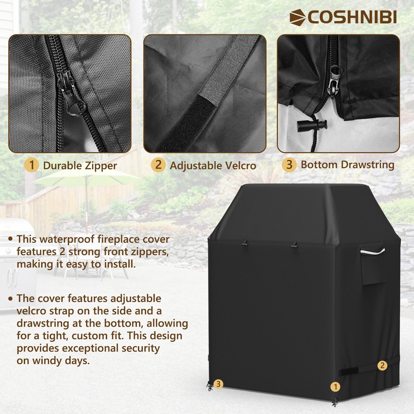 COSHNIBI Outdoor Fireplace Cover,Heavy Duty Waterproof Square Chimineas Fireplace Covers,Cover for Panovue Chiminea Fire Pits,32”L x 24”W x 45”H,Black