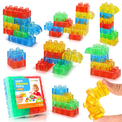 LESONG Sensory Building Toys for Toddlers: 24PCS Squeezable Silicone Stacking Toys – Early Learning Construction Playset for Preschool Manual Skills, Birthday Gifts