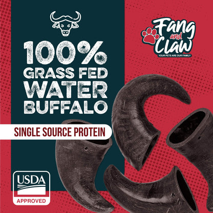 Fang and Claw Water Buffalo Horn Dog Chew 4 Pack (Medium 6 Inch), Long-Lasting Natural Chews for Aggressive Chewers, Single-Ingredient, No Rawhide