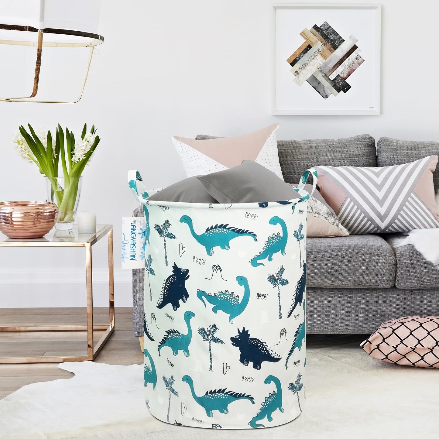 LANGYASHAN Laundry Basket Canvas Fabric Collapsible Organizer Basket for Storage Bin Toy Bins Gift Baskets Bedroom Clothes Children Nursery Hamper (Full dinosaur)